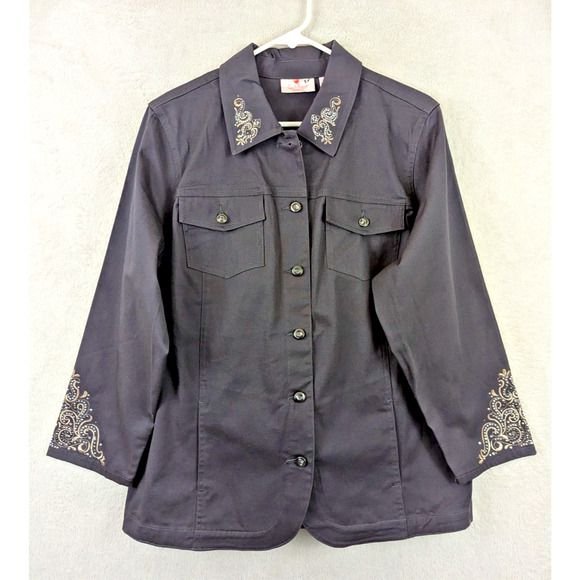 Quacker Factory sz L Sequined Jacket gray buttons stretchy excellent 0267 - Picture 1 of 8